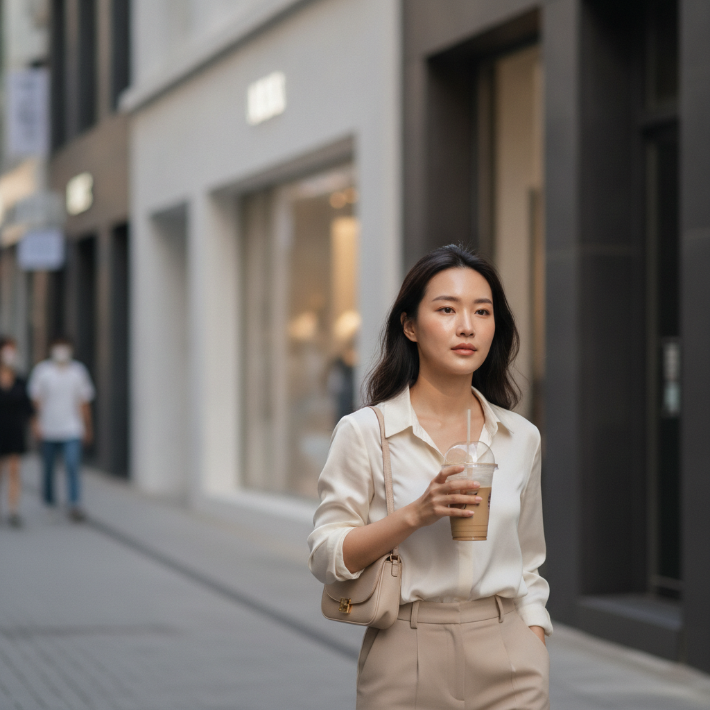 Woman walking on a quiet Apgujeong street after an aesthetic appointment