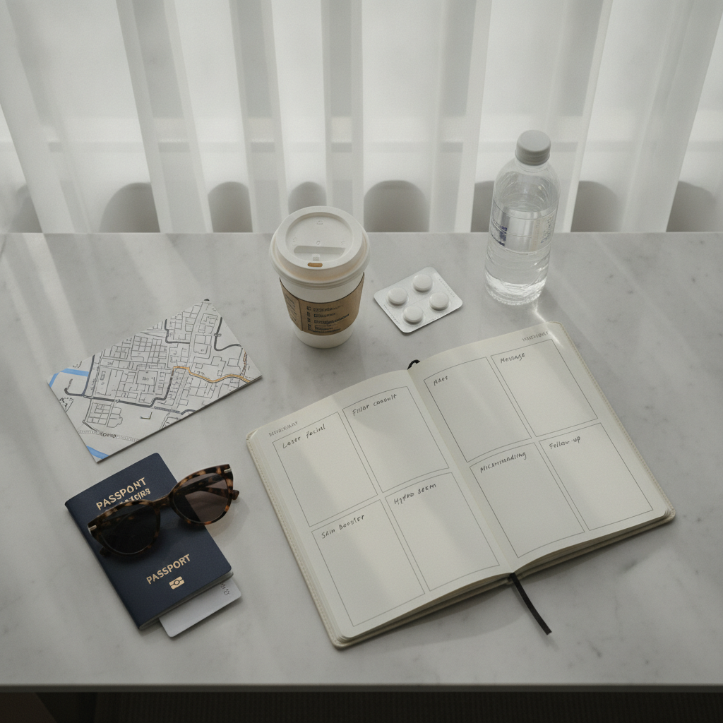 Overhead flat lay of a Seoul week planner with treatment schedule, map of Gangnam, passport, sunglasses, coffee cup and water on a marble hotel desk.