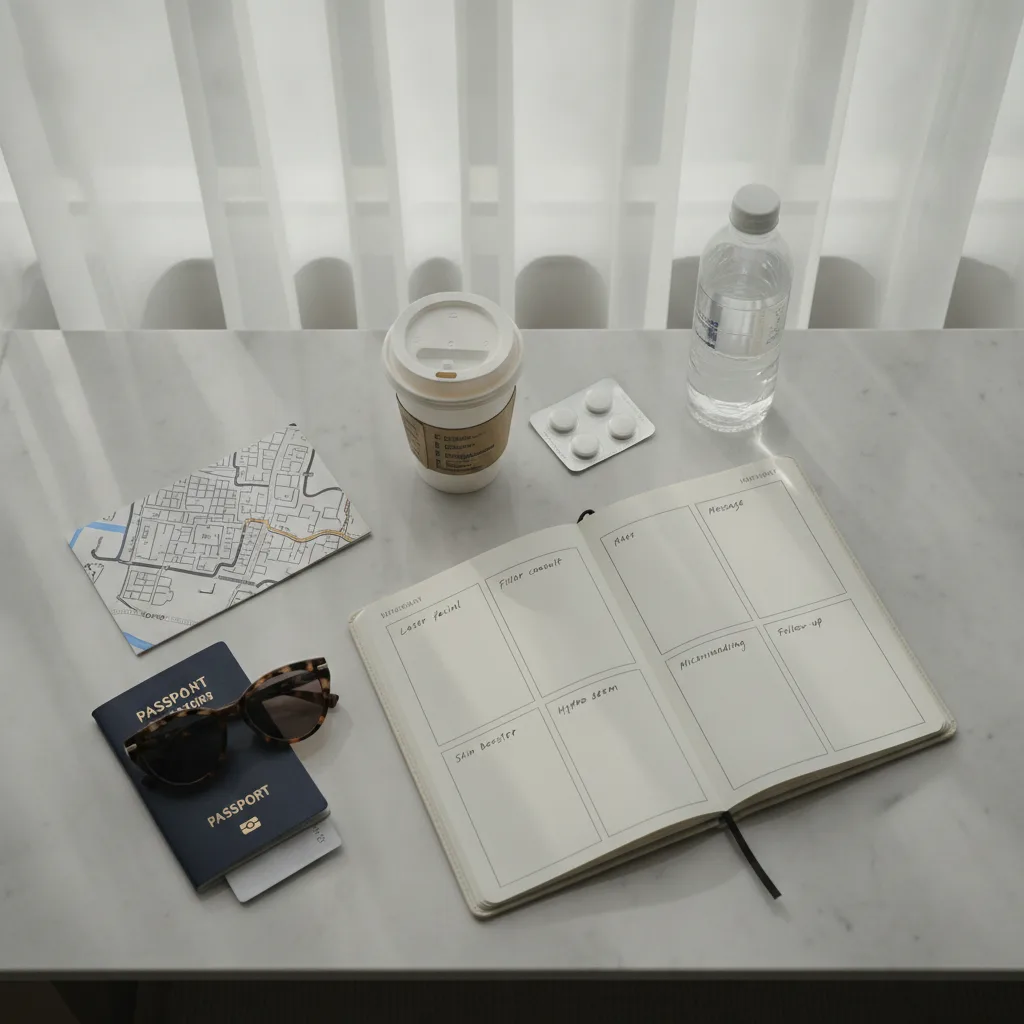 Overhead flat lay of a Seoul week planner with treatment schedule, map of Gangnam, passport, sunglasses, coffee cup and water on a marble hotel desk.