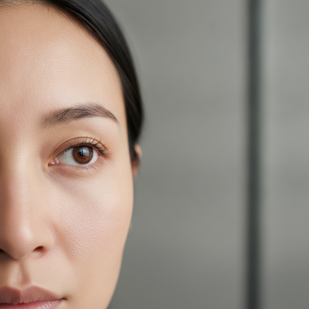 Close-up of a woman's under-eye area showing subtle dark circles, natural bare skin.