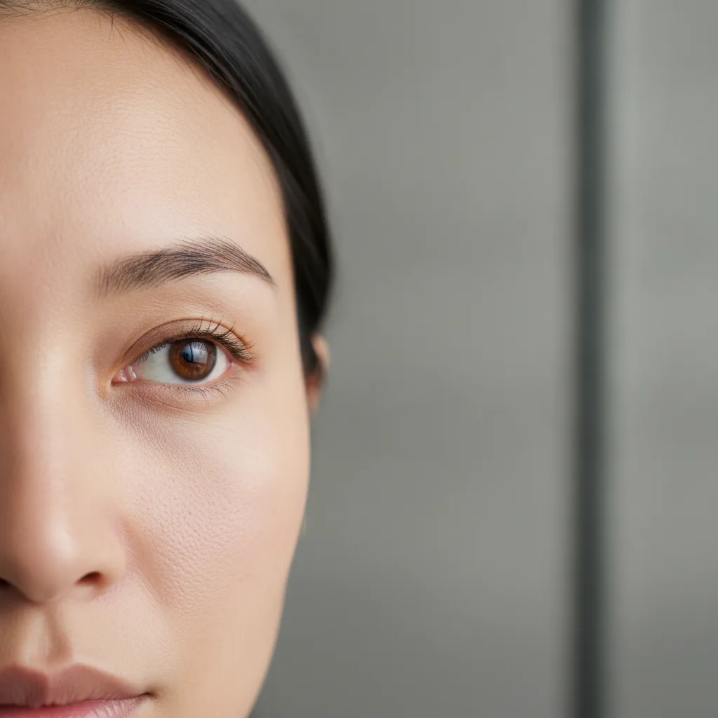 Close-up of a woman's under-eye area showing subtle dark circles, natural bare skin.