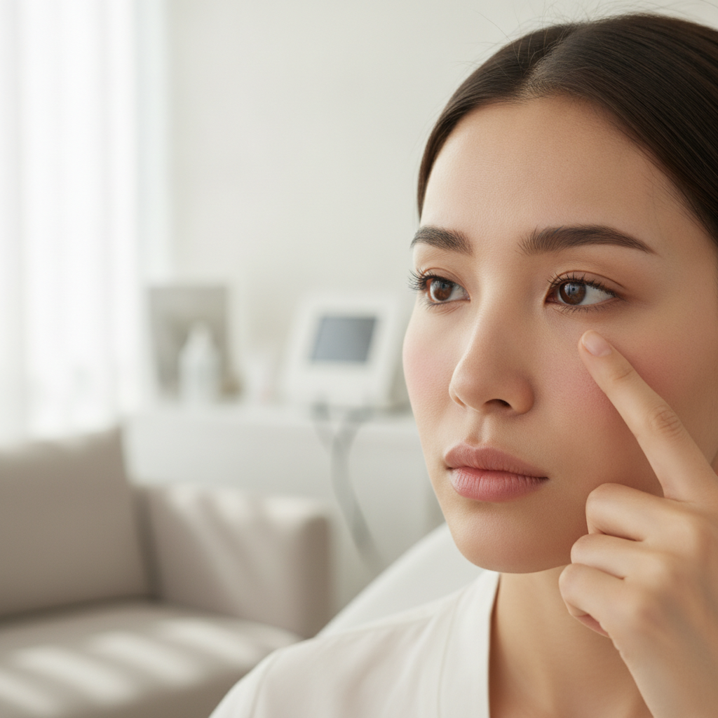 Close-up of a patient examining under-eye hollow area before tear trough filler at a Seoul clinic