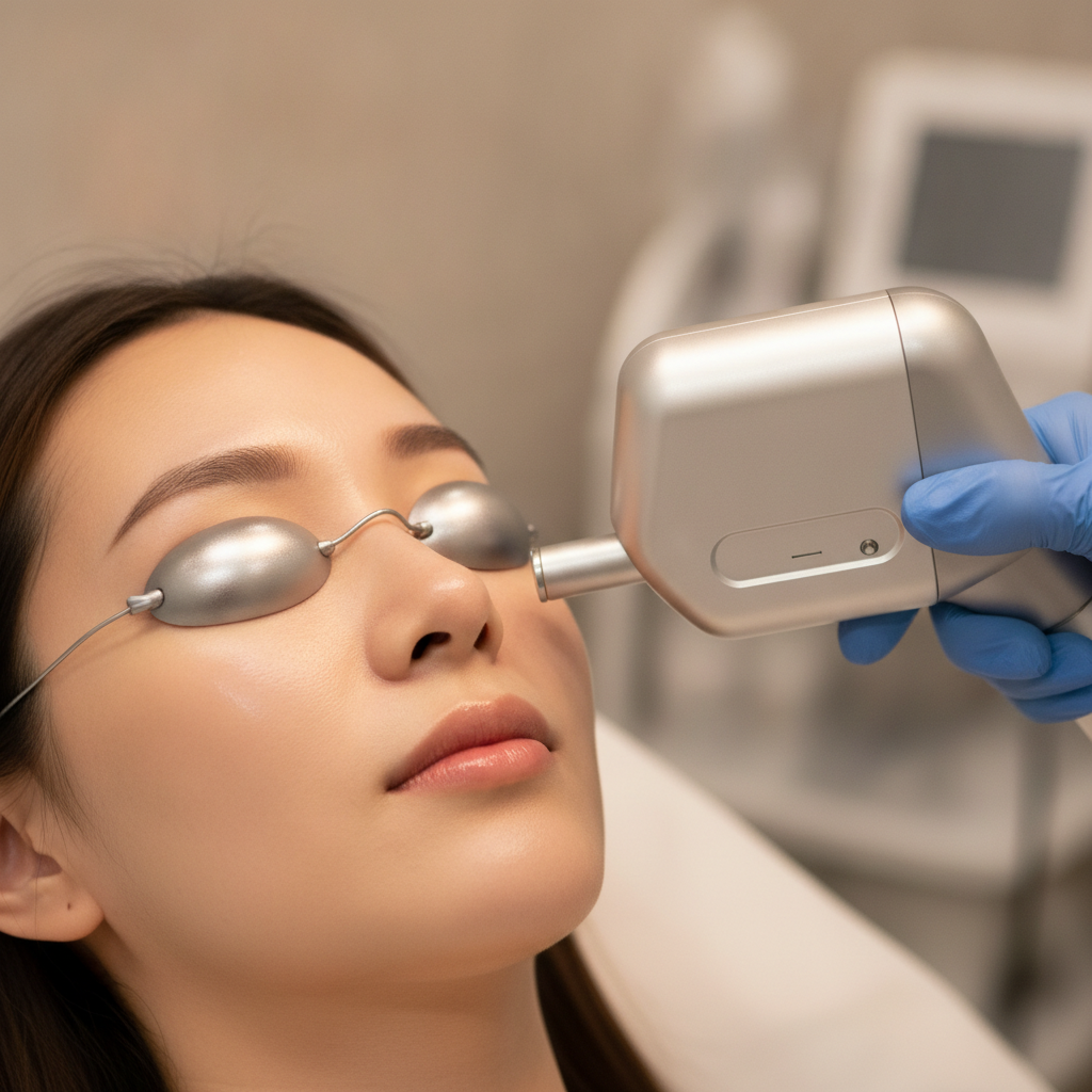 Pico laser handpiece near a patient's cheek during a Seoul clinic session