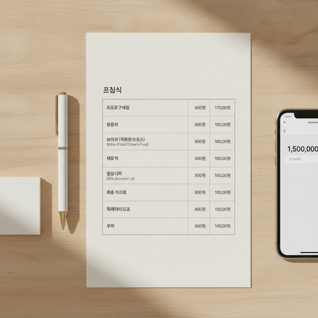 Flatlay of a Korean aesthetic clinic printed price menu on a light desk with a pen, business card, and phone calculator