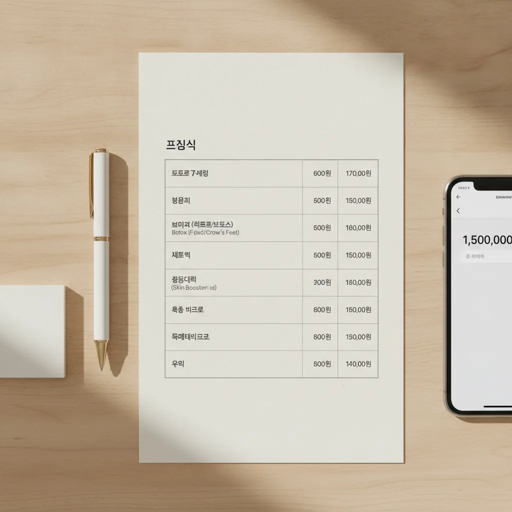 Flatlay of a Korean aesthetic clinic printed price menu on a light desk with a pen, business card, and phone calculator