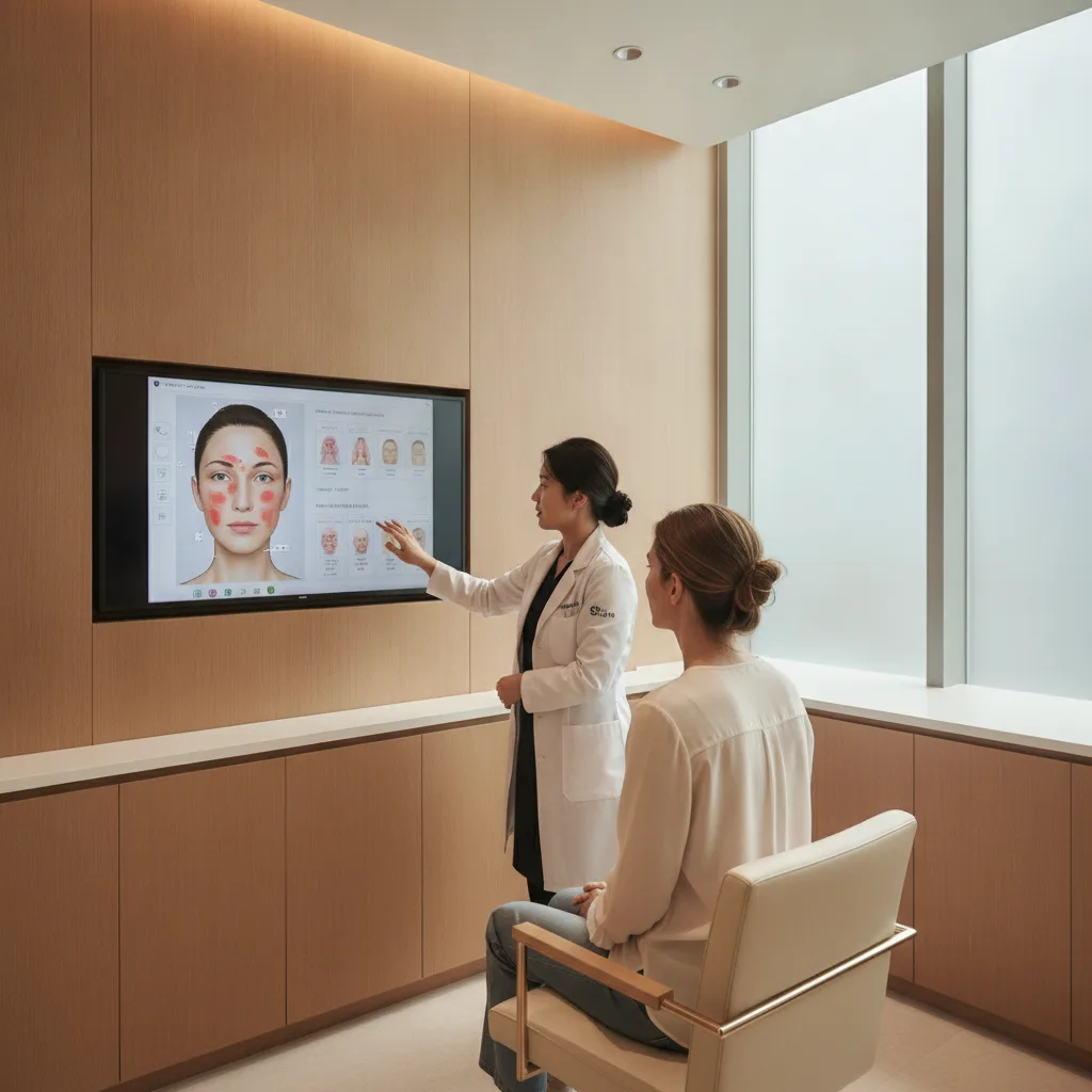 Seoul dermatologist reviewing a facial redness map with a Western patient in an Apgujeong consultation room
