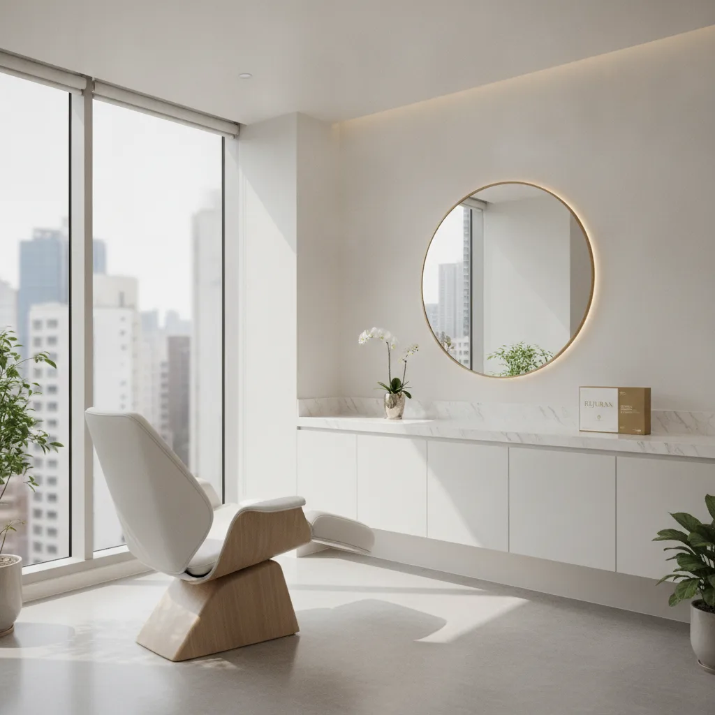 Minimalist Apgujeong aesthetic clinic treatment room with soft window light
