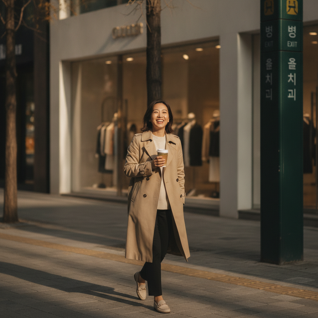 Woman smiling naturally on a Cheongdam street in Seoul after aesthetic treatment