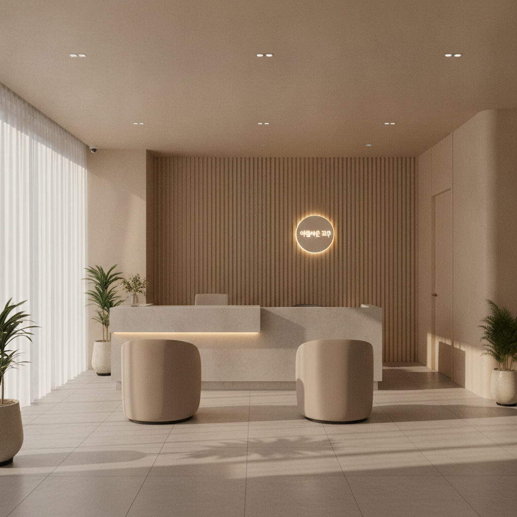 Minimalist aesthetic clinic reception in Apgujeong Seoul with warm late afternoon light and neutral wood interior.