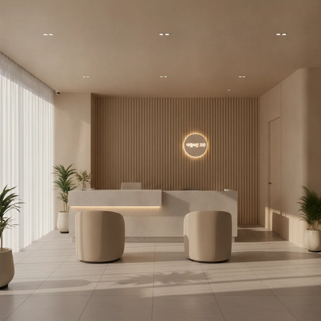 Minimalist aesthetic clinic reception in Apgujeong Seoul with warm late afternoon light and neutral wood interior.