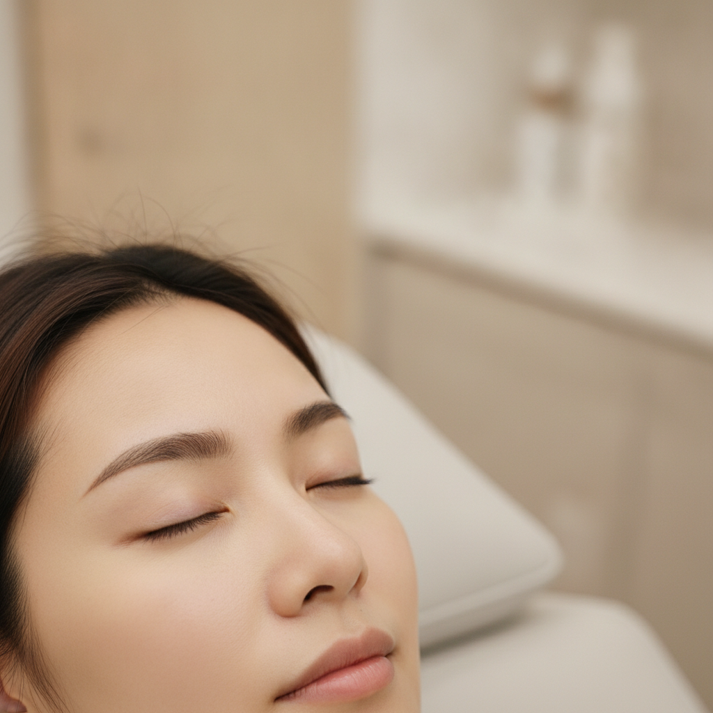 Close-up detail of a Thai woman's upper eyelid and brow area during a consultation in a Gangnam Seoul clinic.
