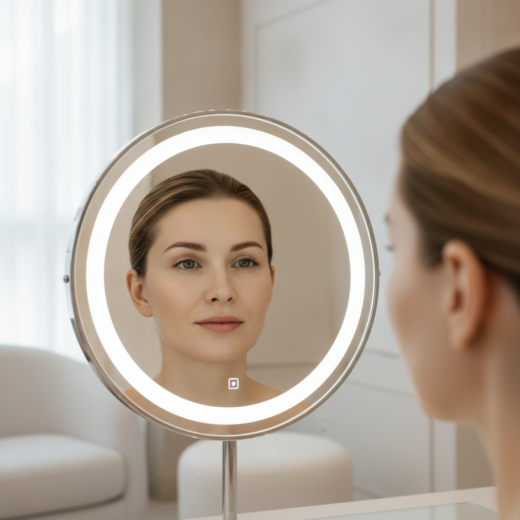 Woman examining her under-eye area in a Seoul aesthetic clinic mirror before tear trough filler consultation