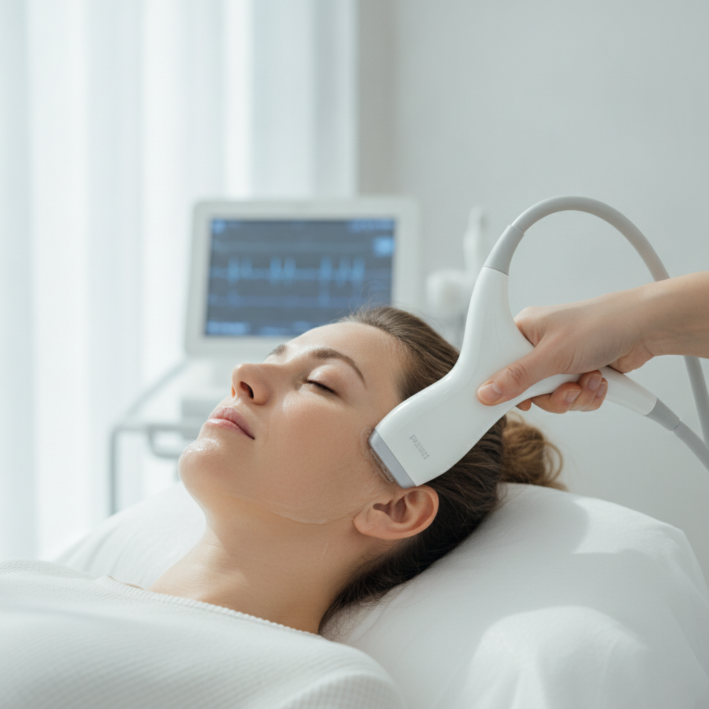 HIFU ultrasound handpiece pressed against the jawline of a woman lying on a treatment bed with gel applied.