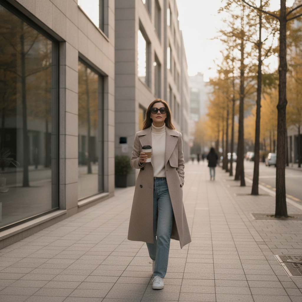 Woman walking down an Apgujeong street in Seoul at golden hour with calm skin