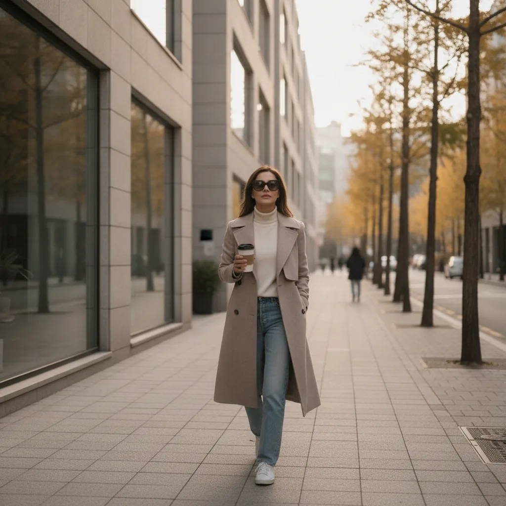 Woman walking down an Apgujeong street in Seoul at golden hour with calm skin