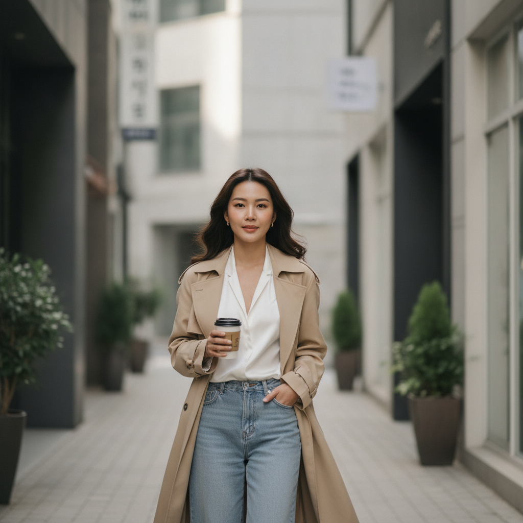 Thai woman in her late twenties walking a quiet Apgujeong street in Seoul with a takeaway coffee and glowing post-treatment skin