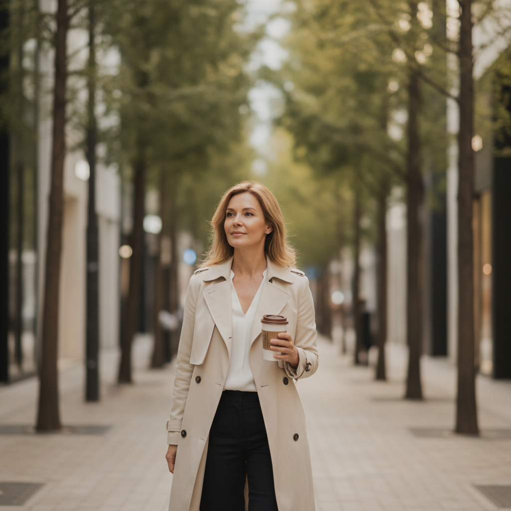 Western woman in her forties walking a Cheongdam street after an aesthetic appointment, holding a takeaway coffee.