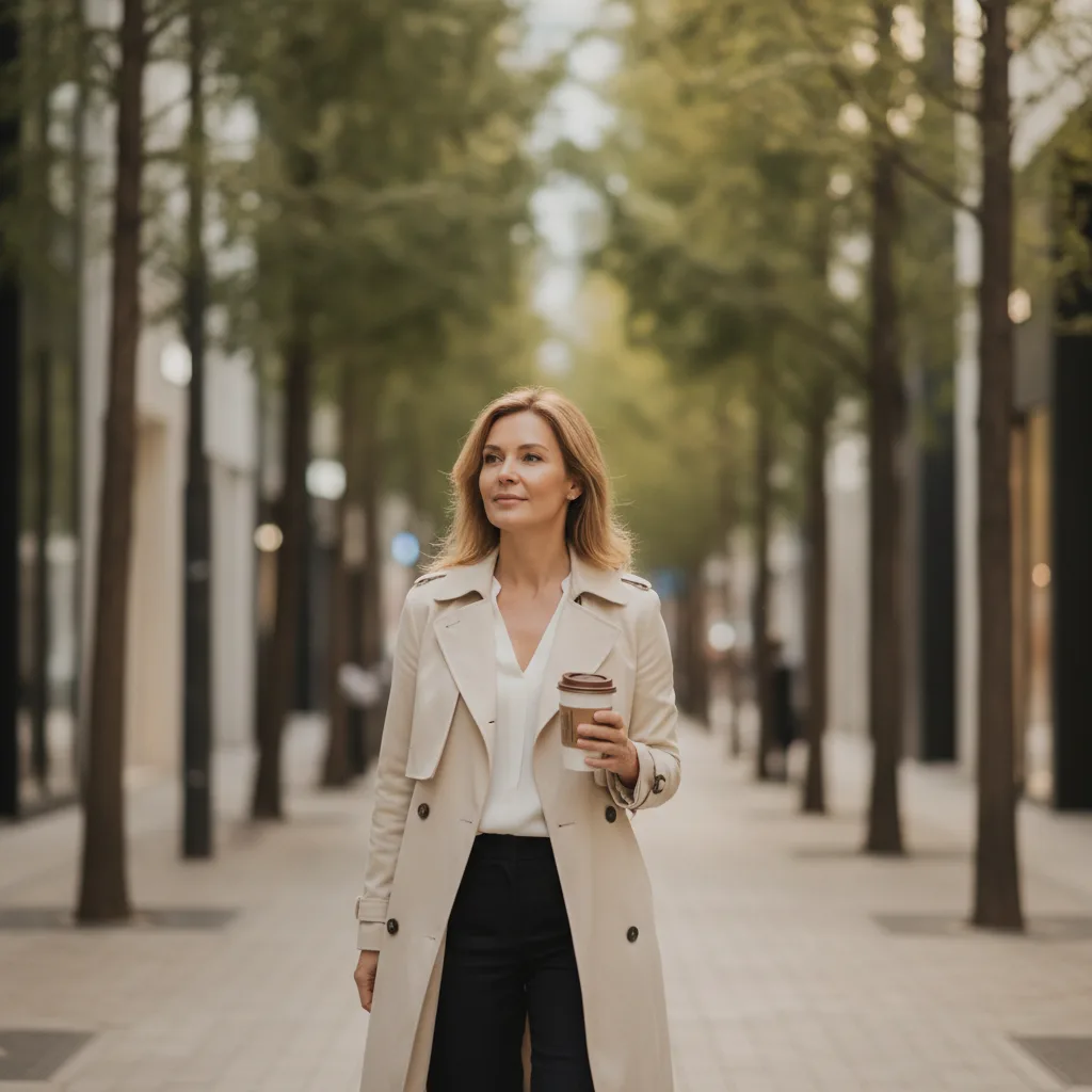 Western woman in her forties walking a Cheongdam street after an aesthetic appointment, holding a takeaway coffee.