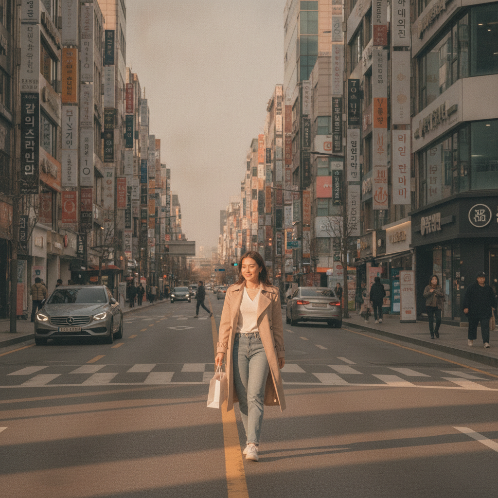 Southeast Asian woman walking a Sinnonhyeon Seoul street at golden hour carrying a small clinic paper bag
