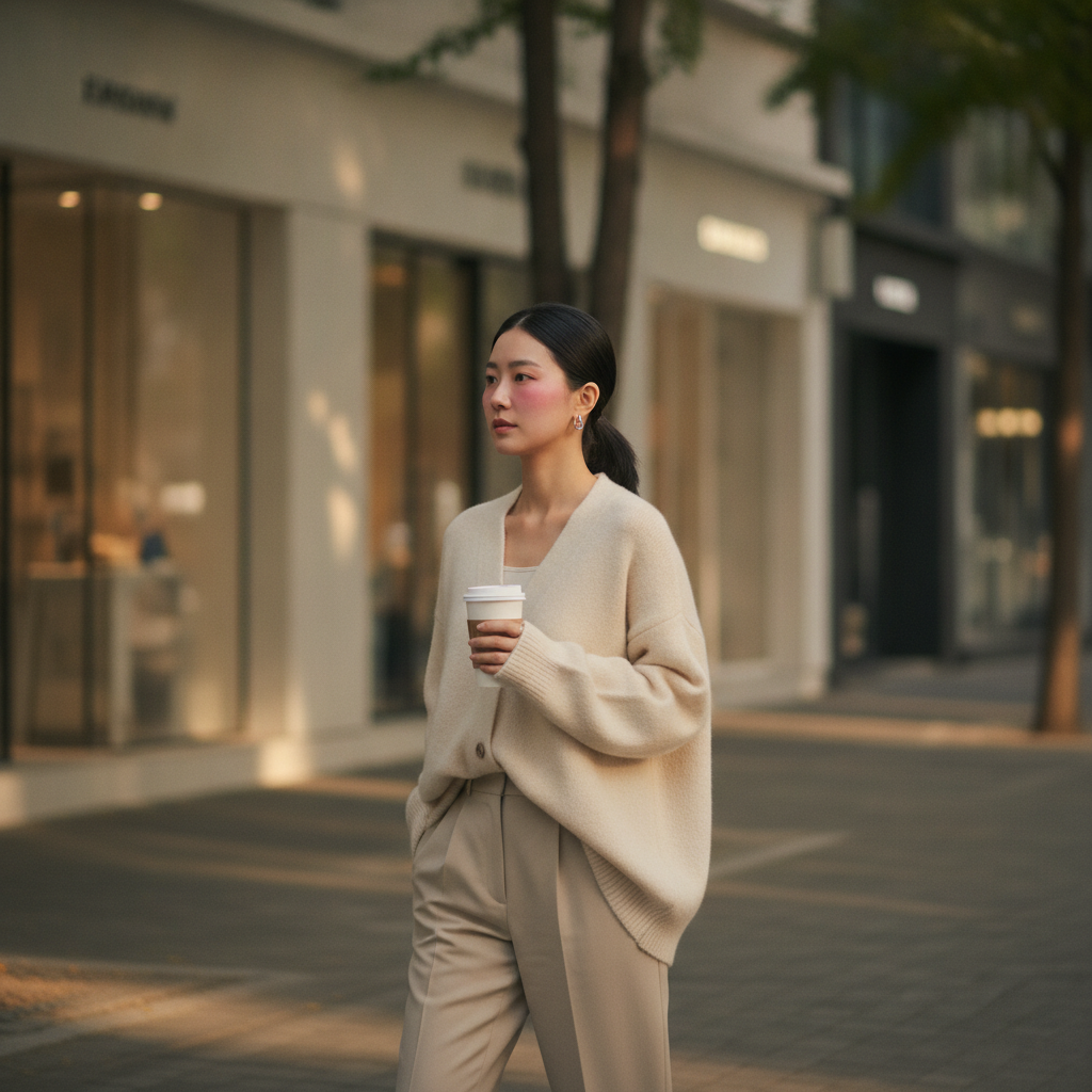Thai woman in her late twenties walking on a quiet Apgujeong side street in the late afternoon, holding a paper coffee cup.