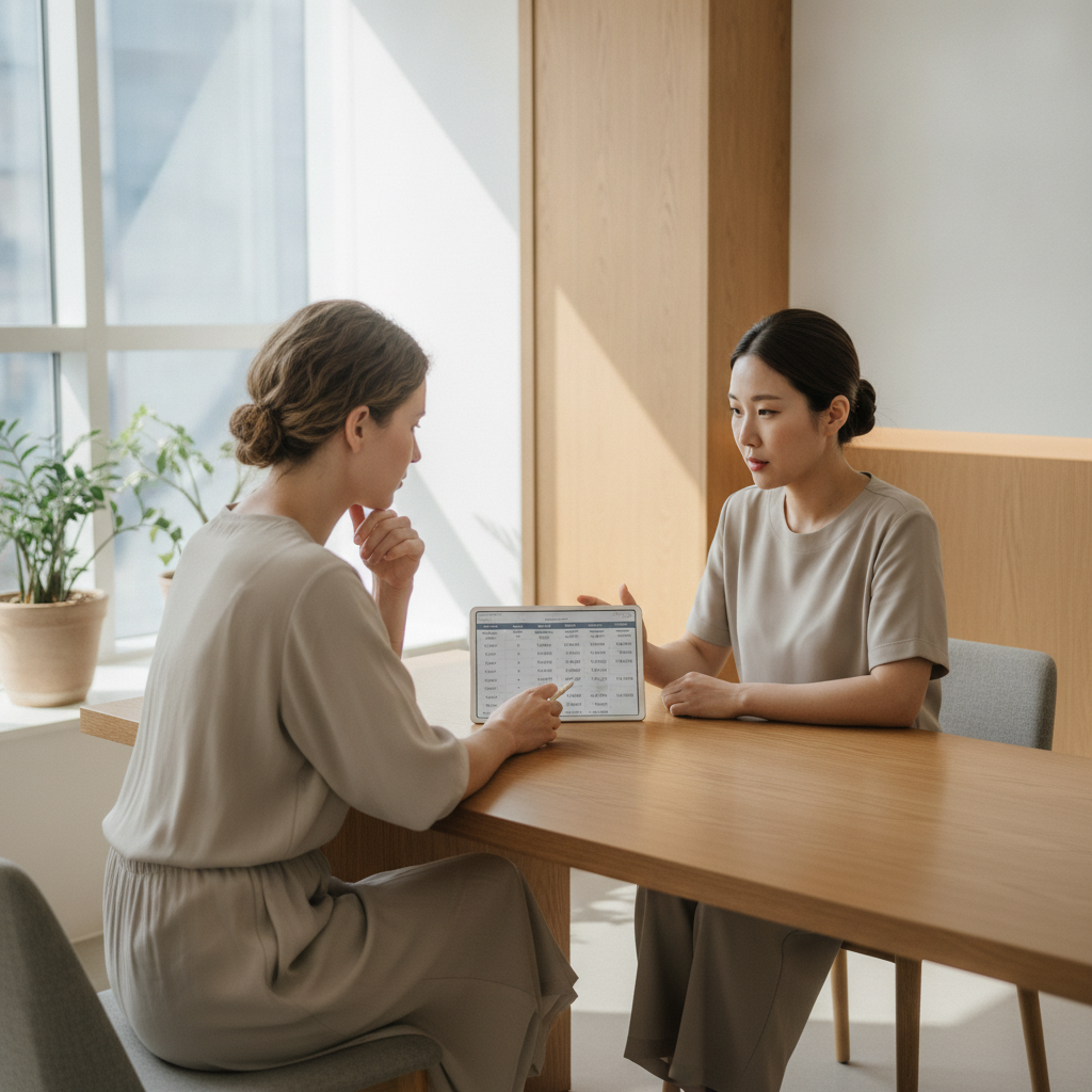 Consultation at a Gangnam aesthetic clinic reviewing laser treatment prices on a tablet