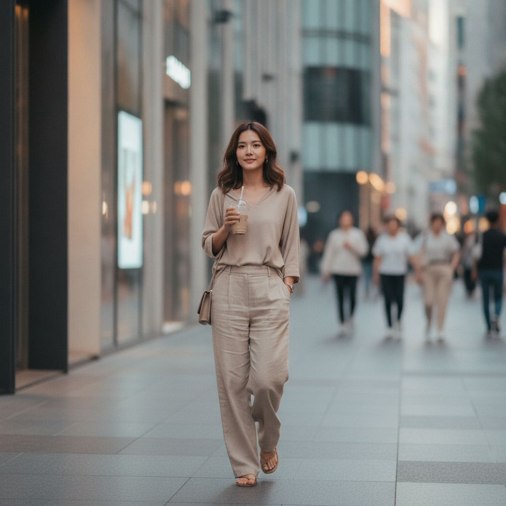 Woman walking a Gangnam Seoul street in early evening holding an iced coffee after an aesthetic clinic visit.