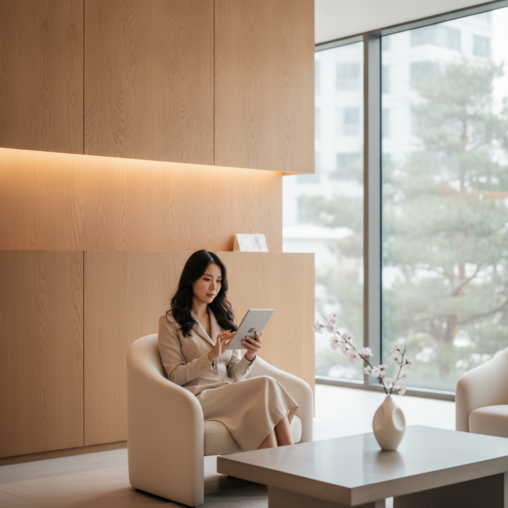 Southeast Asian woman in a Cheongdam clinic reception area reviewing a tablet with a coordinator