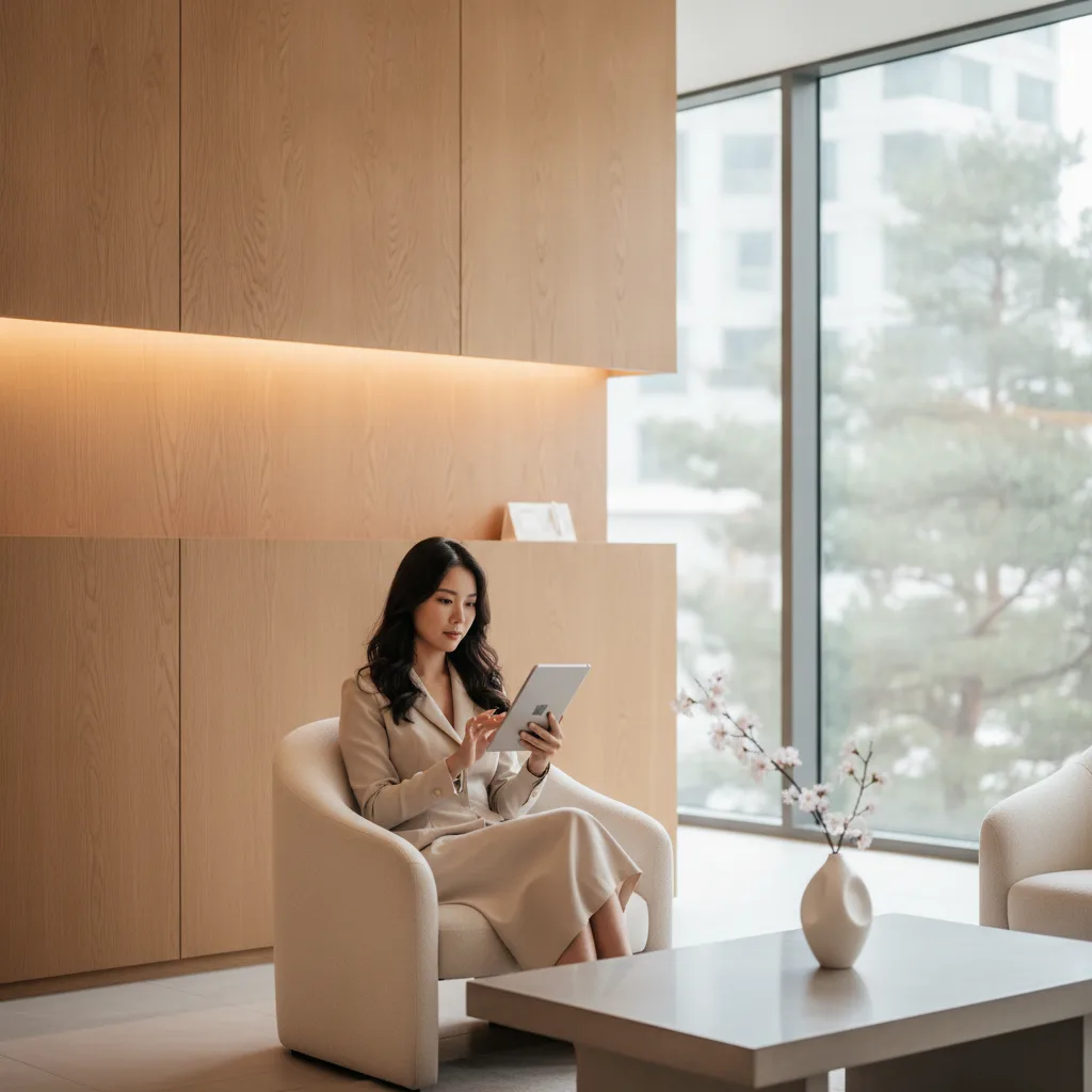 Southeast Asian woman in a Cheongdam clinic reception area reviewing a tablet with a coordinator