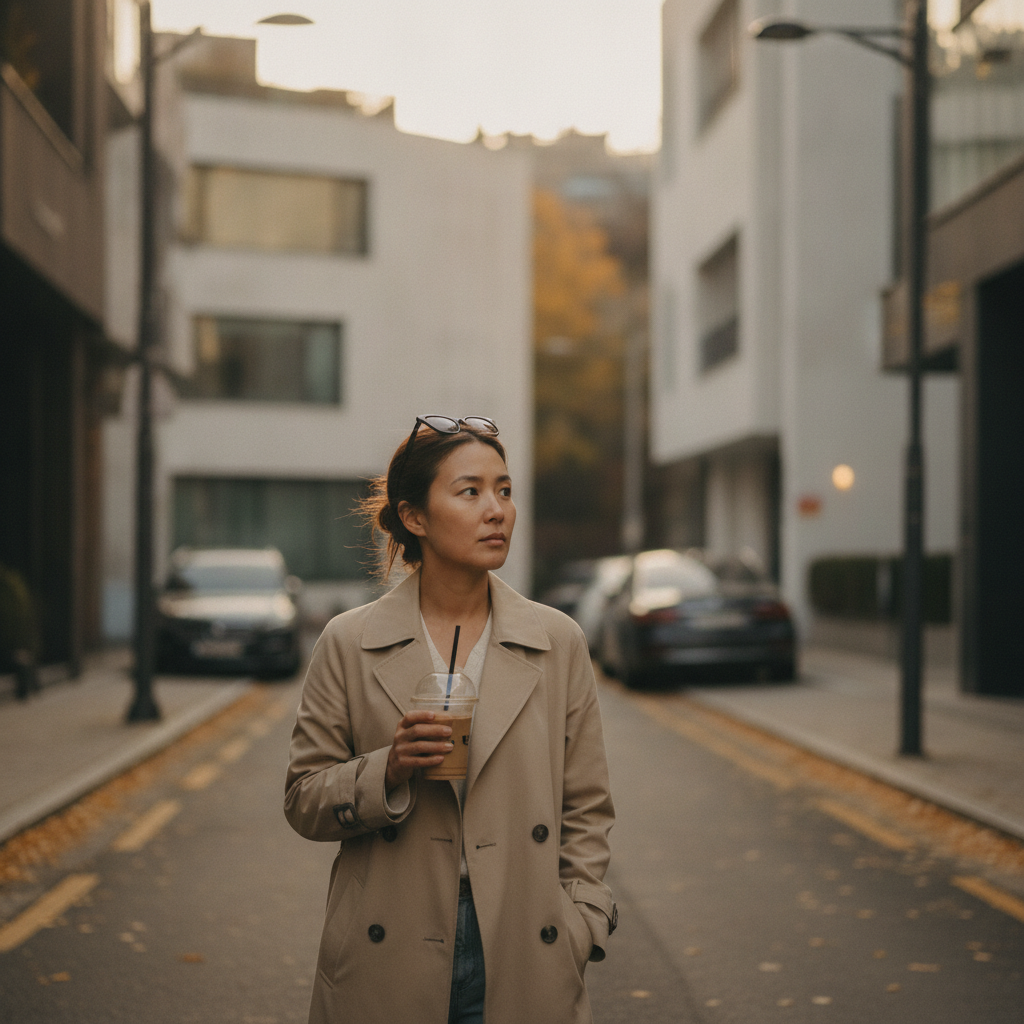 A mixed-race woman in a beige coat walks down a quiet Cheongdam-dong side street in the late afternoon holding an iced coffee after a clinic visit