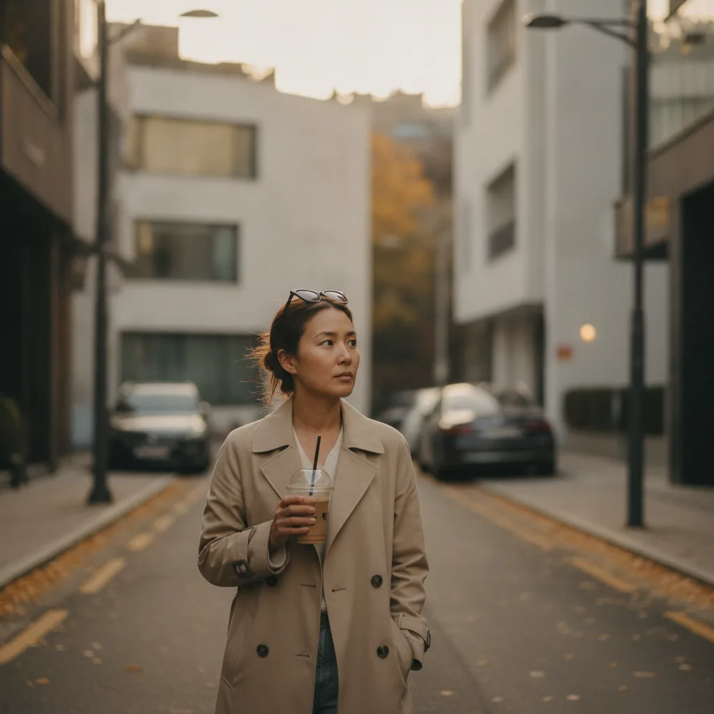 A mixed-race woman in a beige coat walks down a quiet Cheongdam-dong side street in the late afternoon holding an iced coffee after a clinic visit