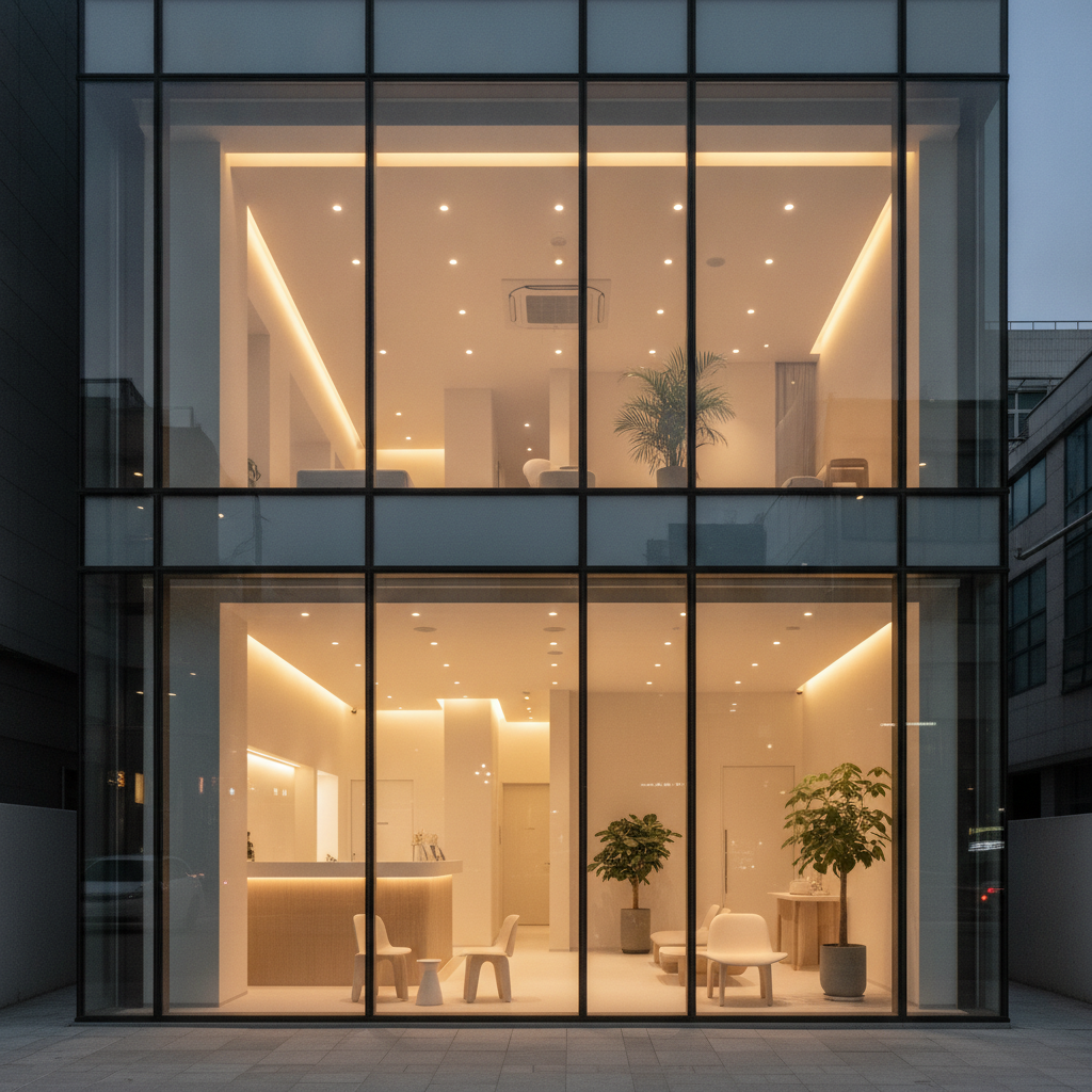 Modern Seoul aesthetic clinic exterior at dusk in the Apgujeong district