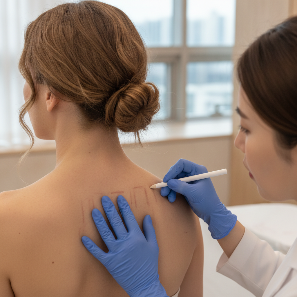 Korean female injector marking trap botox injection points on a Caucasian patient's upper shoulder in a Cheongdam clinic