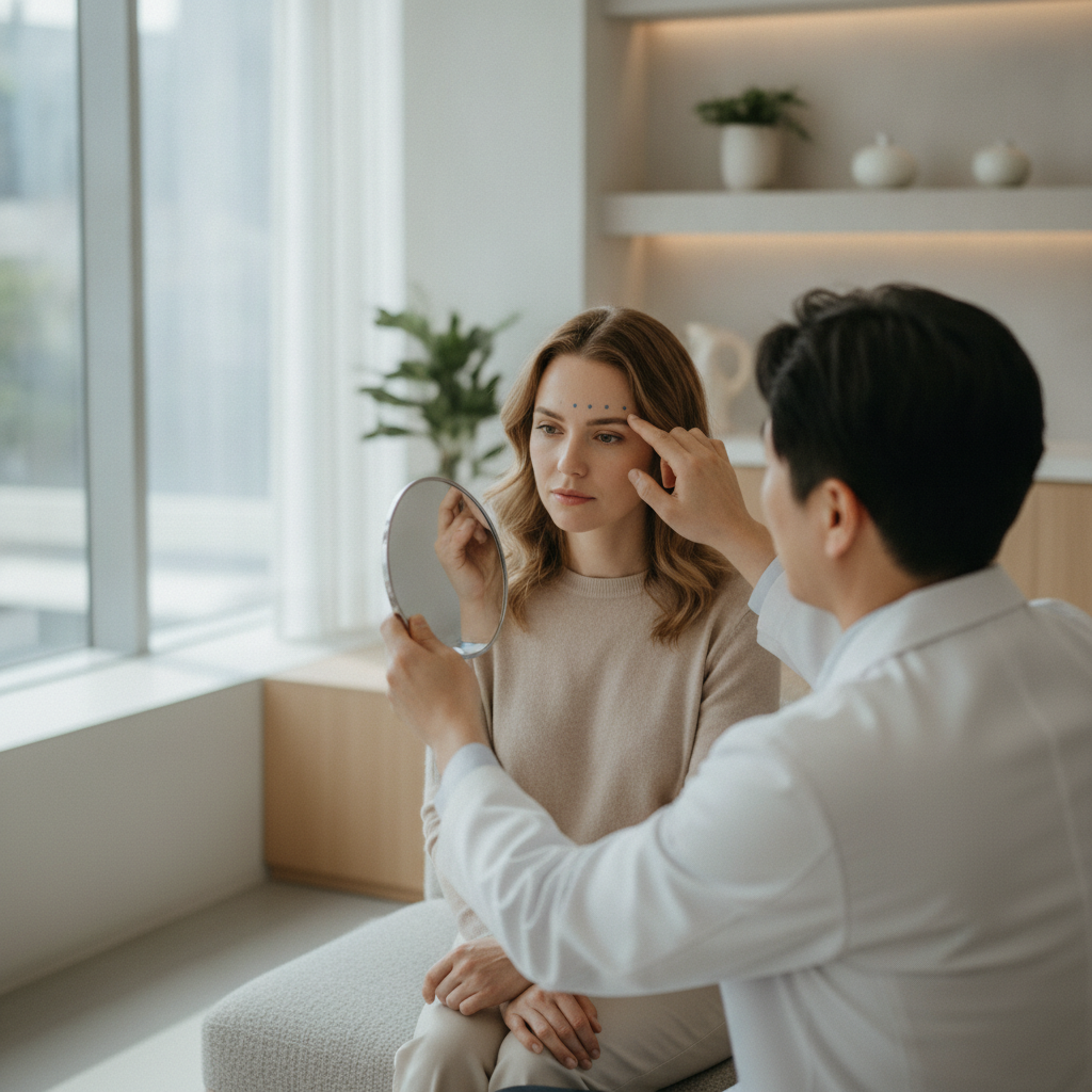 Consultation view of a woman in a Seoul dermatology clinic with a doctor pointing at forehead injection points