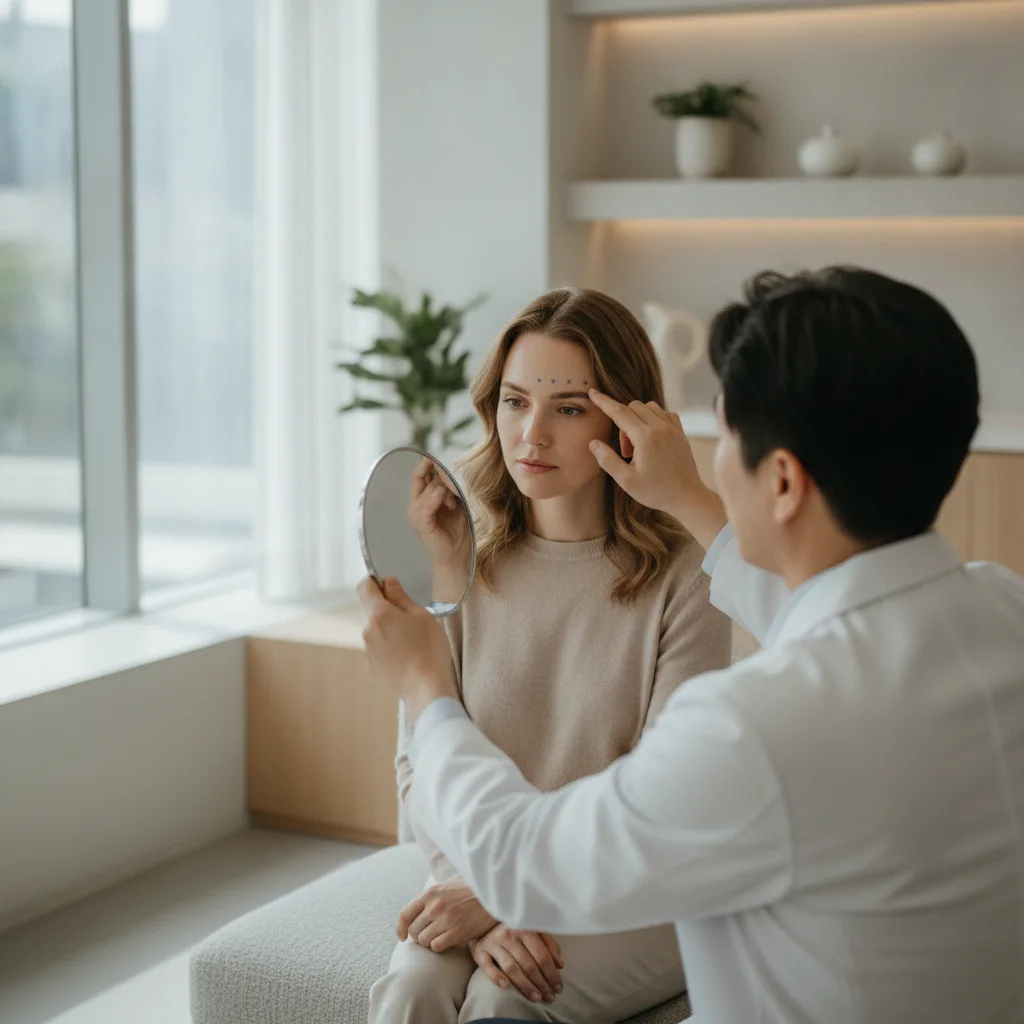 Consultation view of a woman in a Seoul dermatology clinic with a doctor pointing at forehead injection points