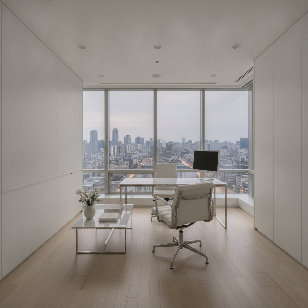 Modern minimalist consultation room in a Gangnam aesthetic clinic at dusk
