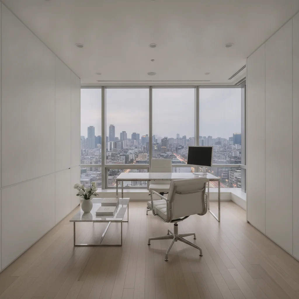 Modern minimalist consultation room in a Gangnam aesthetic clinic at dusk