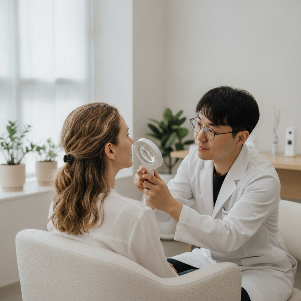 Consultation view of a Caucasian woman having her cheek skin examined by a Korean dermatologist in a Gangnam Seoul clinic