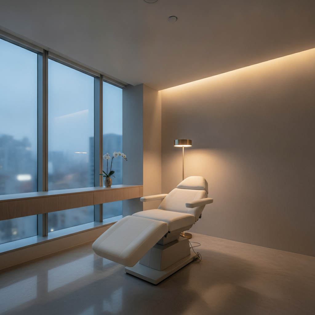 Modern Korean aesthetic clinic treatment room in Gangnam at dusk with an empty reclining chair, warm lamp light, minimalist neutral palette
