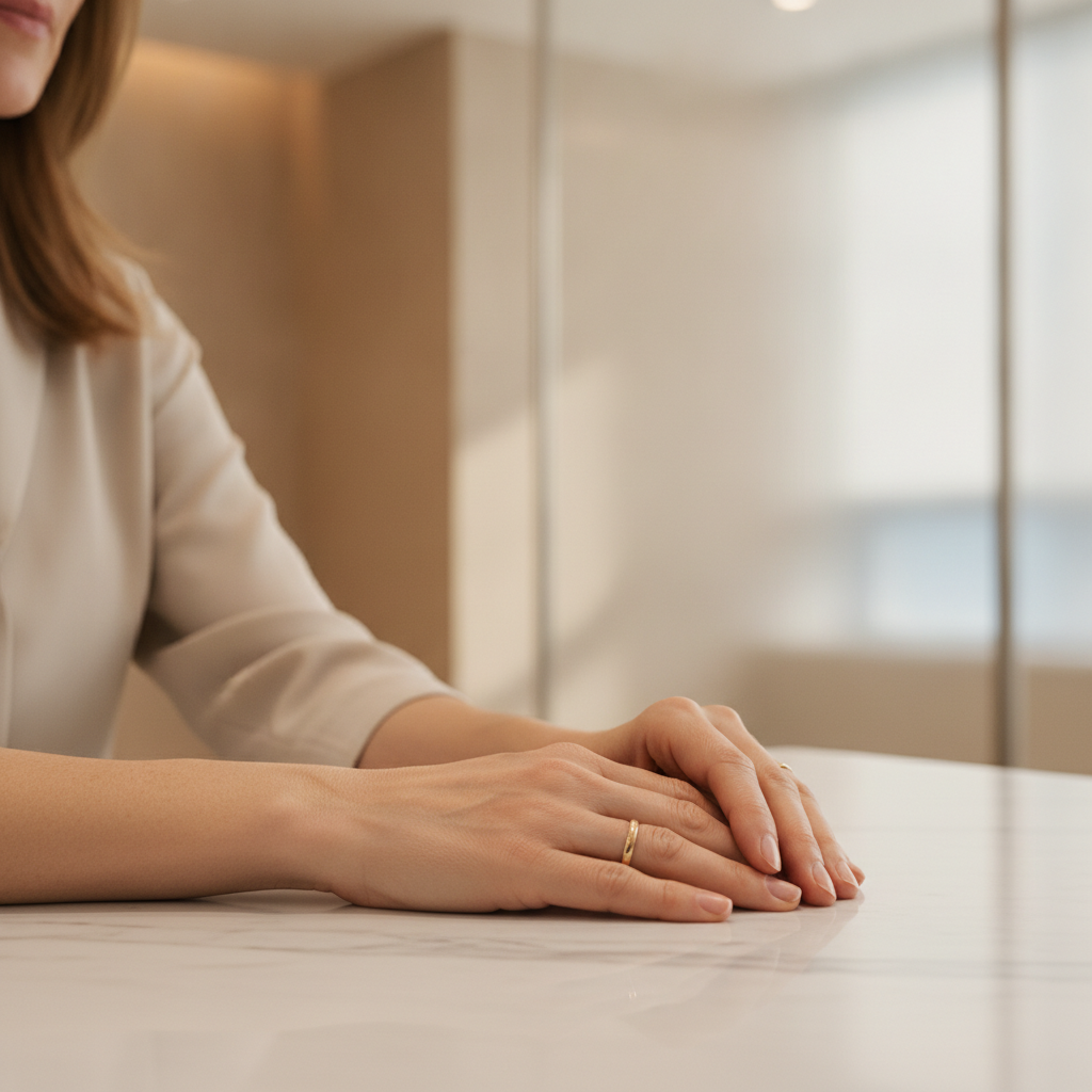 Close-up of a woman's hands resting on a marble surface at a Seoul aesthetic clinic in Apgujeong