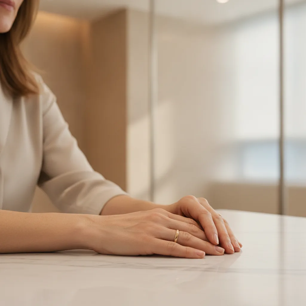 Close-up of a woman's hands resting on a marble surface at a Seoul aesthetic clinic in Apgujeong