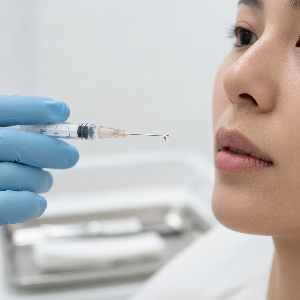 Close-up of a gloved doctor's hand holding a fine 30-gauge syringe near a Thai woman's lip corner in a bright Apgujeong clinic treatment room