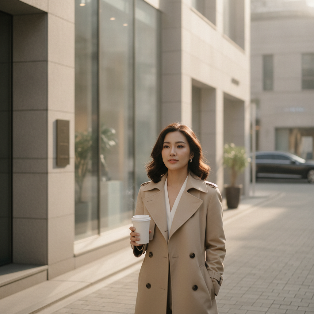 A woman walking down a quiet Cheongdam-dong street after her clinic appointment