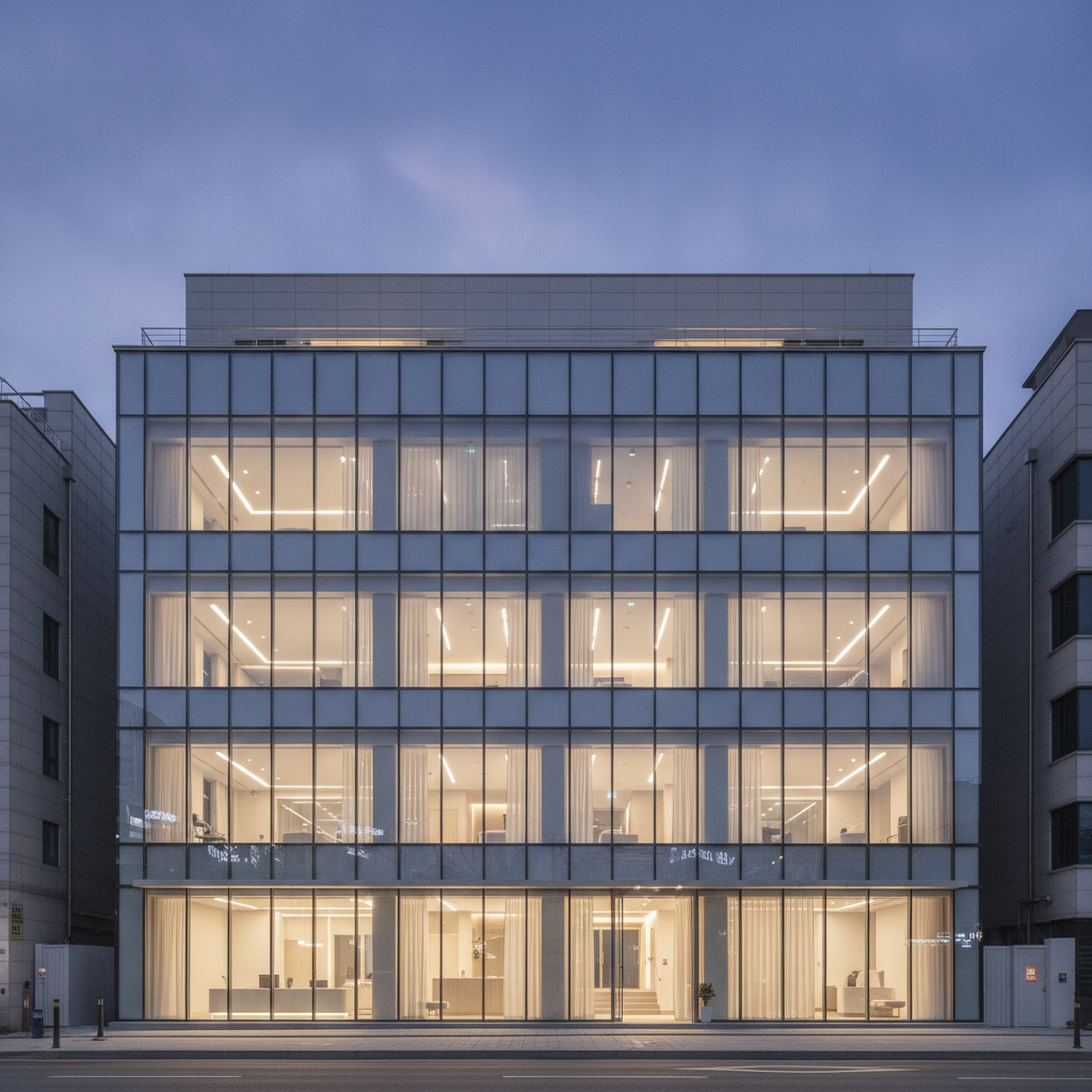 Modern aesthetic clinic exterior in Gangnam Seoul at dusk