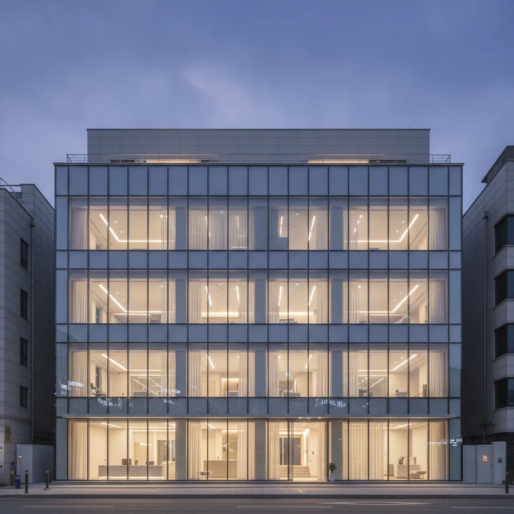 Modern aesthetic clinic exterior in Gangnam Seoul at dusk