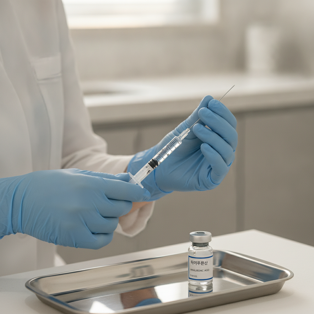 Gloved hands preparing a 31-gauge micro-needle syringe with clear regenerative serum in a Seoul dermatology clinic treatment room