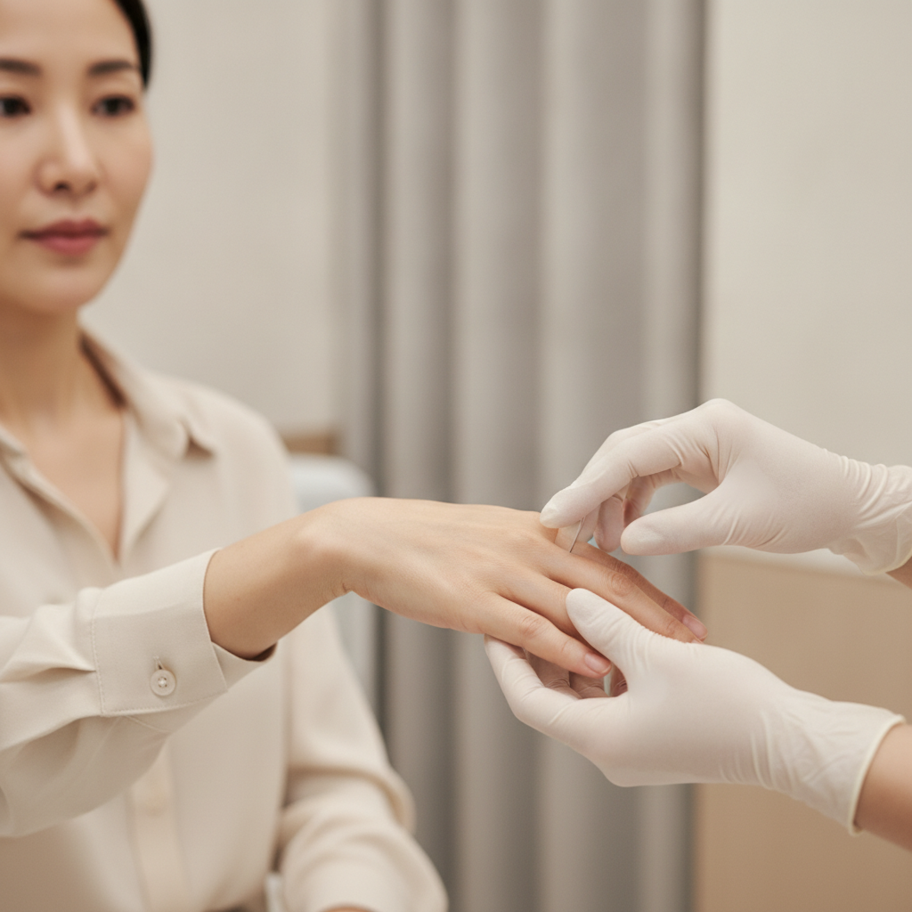 Clinician examining a patient's hand for age spots at a Gangnam aesthetic clinic in Seoul