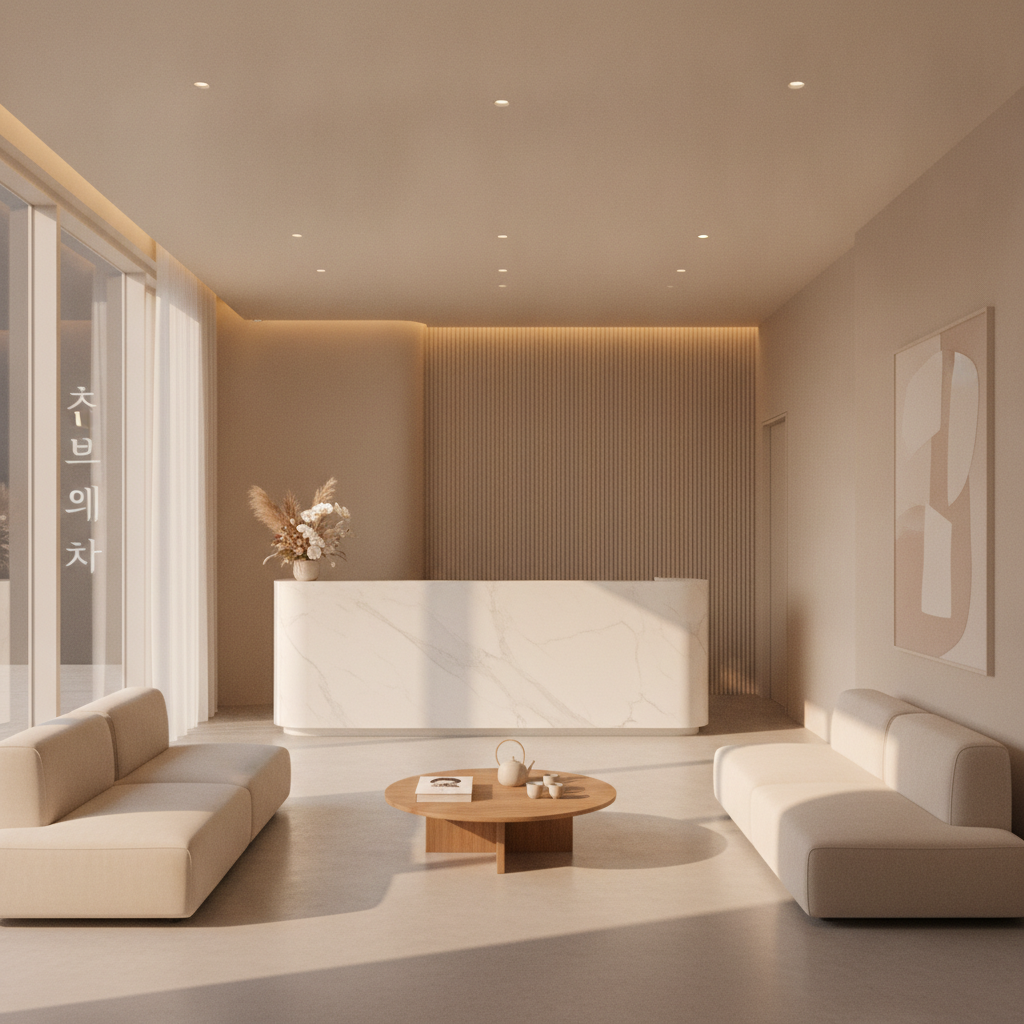Modern minimalist aesthetic clinic reception in Gangnam, Seoul, warm neutral tones in soft afternoon light.