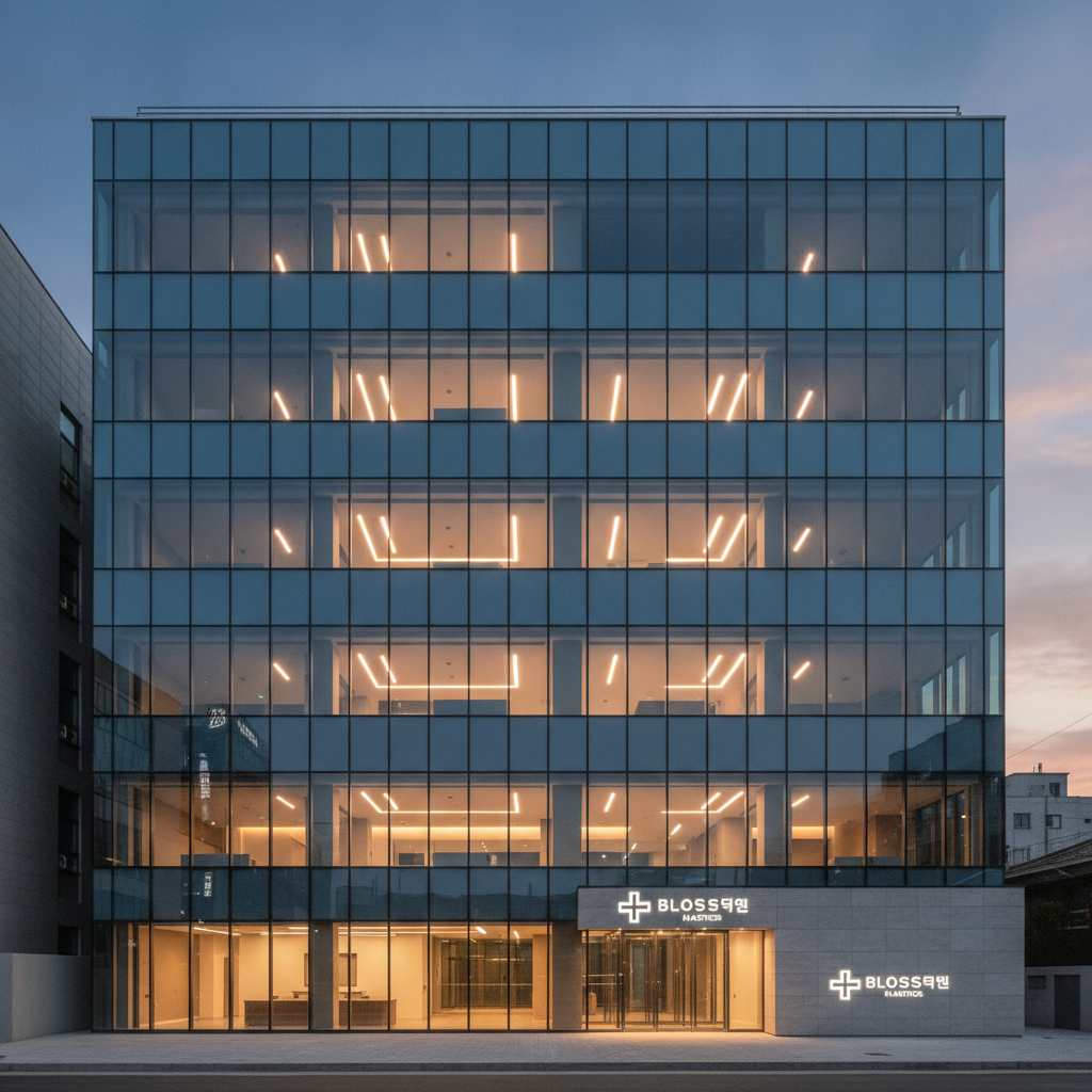 Modern plastic surgery hospital exterior in Gangnam, Seoul at dusk, glass facade lit from within