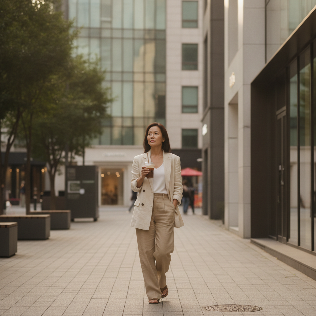 Mixed-race woman walking in Apgujeong Rodeo Seoul with a matte glowing complexion after skin Botox treatment