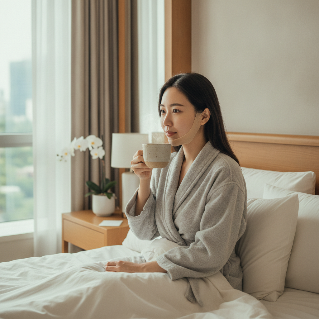 서울 성형외과 개인 회복실에서 압박 밴드를 착용하고 따뜻한 죽을 든 동남아시아 여성 환자